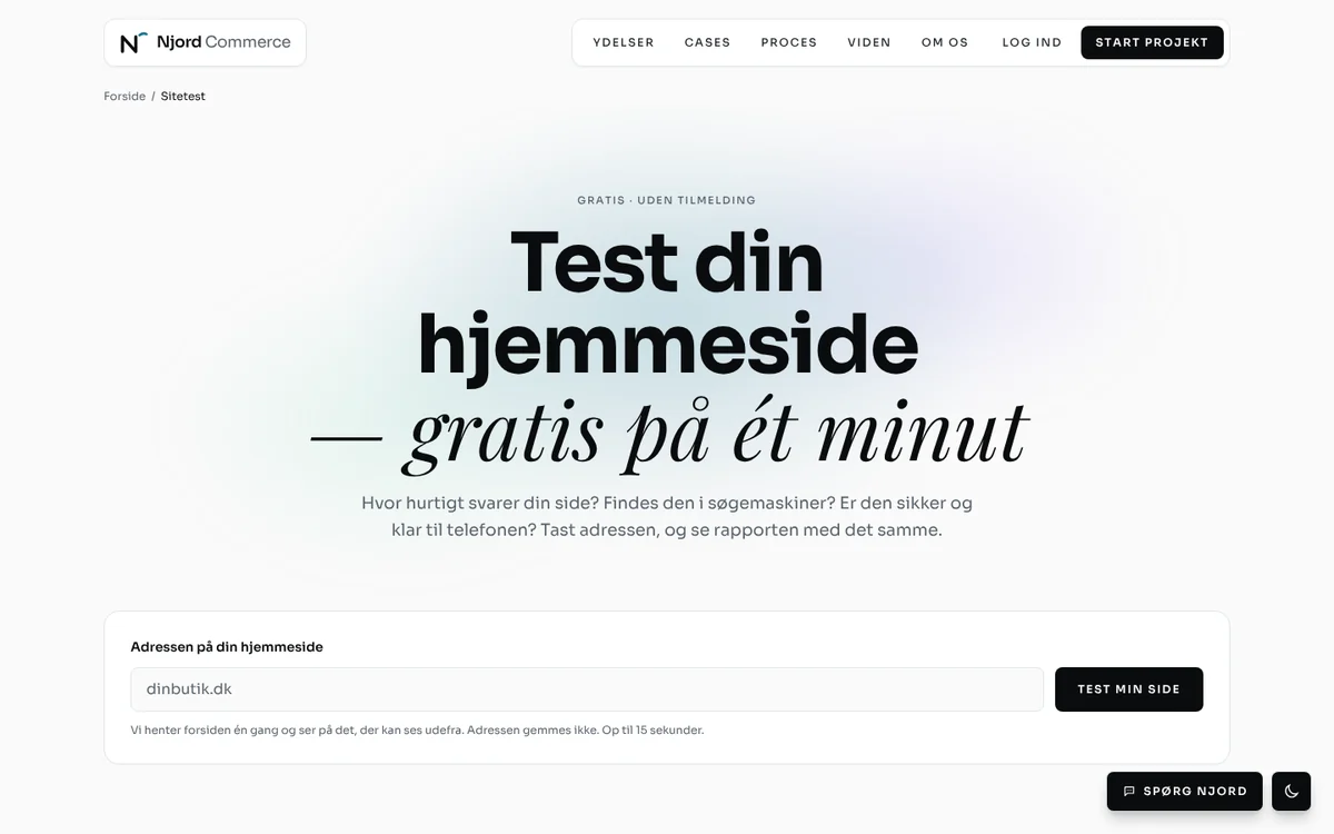 Sitetesten på njordcommerce.dk, hvor man tester sin egen hjemmeside gratis