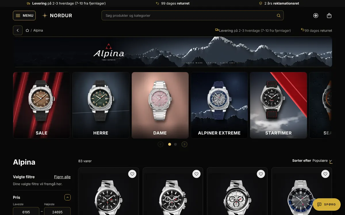 En listeside hos Nordur med kategorifliser, filtre og produktkort