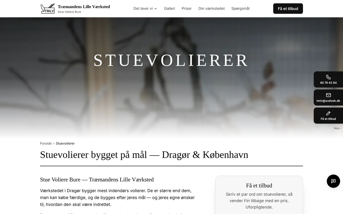 Siden om stuevolierer med stort foto, overskrift og et tilbudskort i højre side