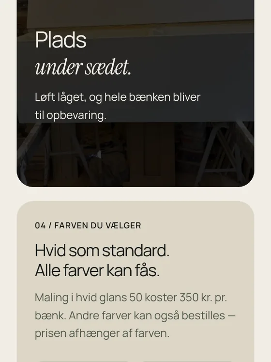 Plads under sædet og farverne: hvid glans 50 som standard, andre farver mod tillæg