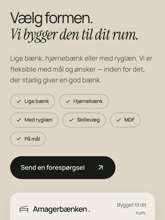 „Vælg formen“: lige bænk, hjørnebænk og bænk med ryglæn